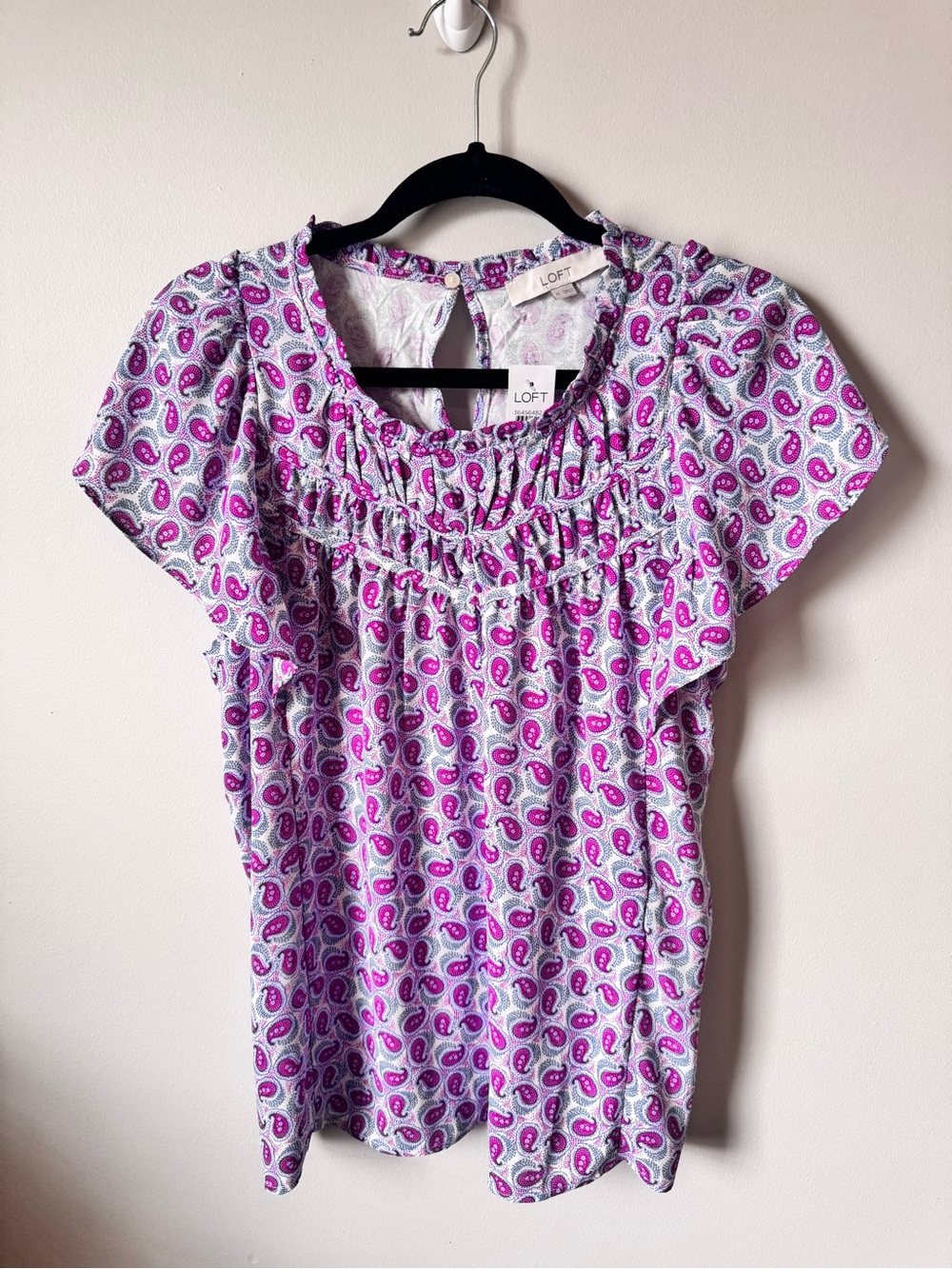 LOFT Pink and Purple Paisley Short Sleeve Blouse